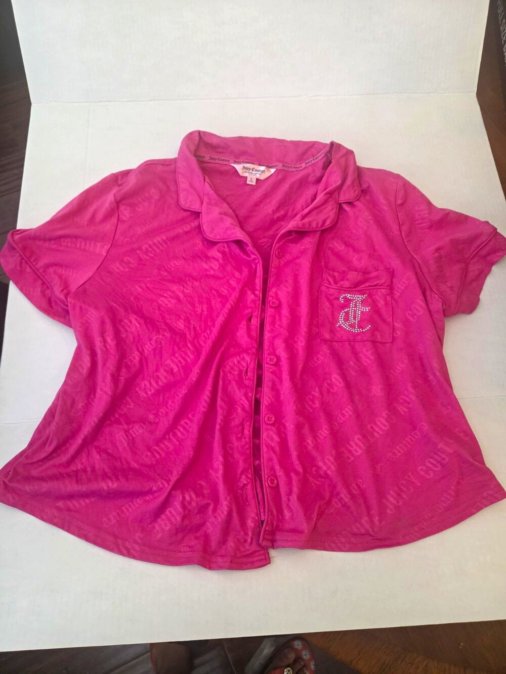 Juicy Couture Pink Logo Rhinestone Button-Up Short Sleeve Sweatshirt Size L